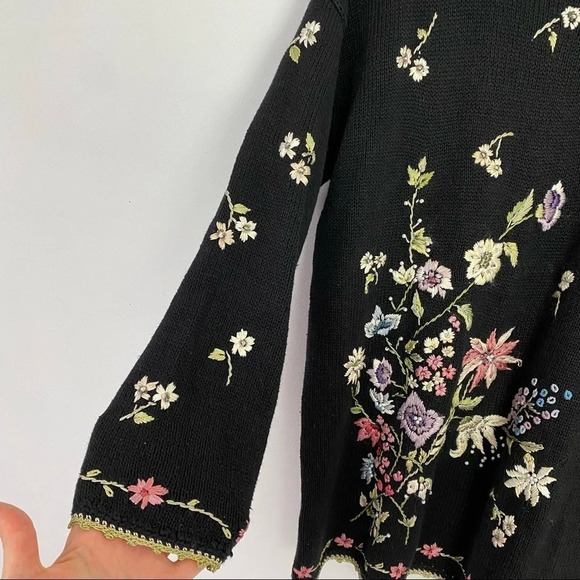 Vintage Floral Embroidered Y2K Pullover Sweater Tunic Womens Size Medium Black - Picture 8 of 13